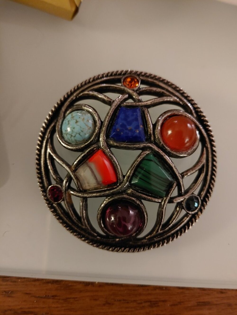 Vintage Miracle Pewter Gemstones Round Large Celtic Broach Pin Brooch Marked